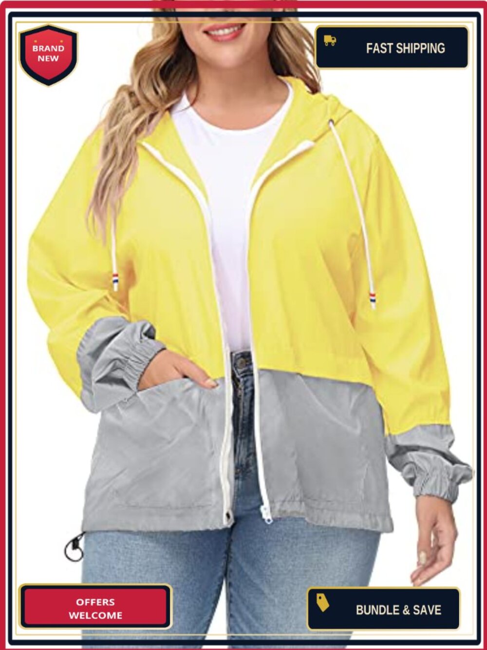Plus Size Waterproof Raincoat Packable Hooded Windbreaker Outdoor